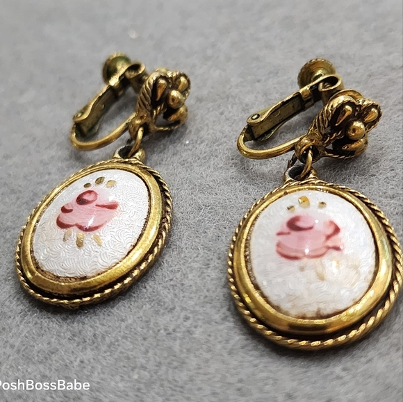 Vintage Guilloché Enamel Rose Earrings | Screw Back Gold Tone 1" - Picture 1 of 7